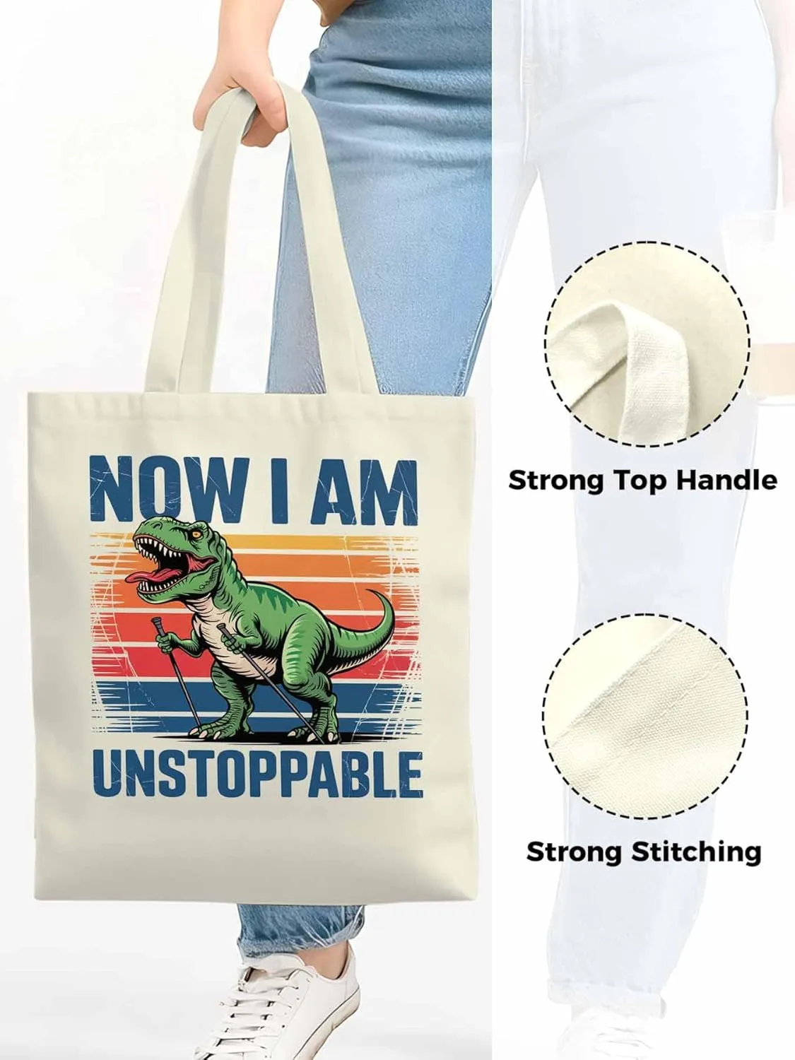 Canvas Tote Bag Dinosaur Cartoon Animal Reusable Grocery Shopping Bags with Handle, Gradient Stripe Large Canvas