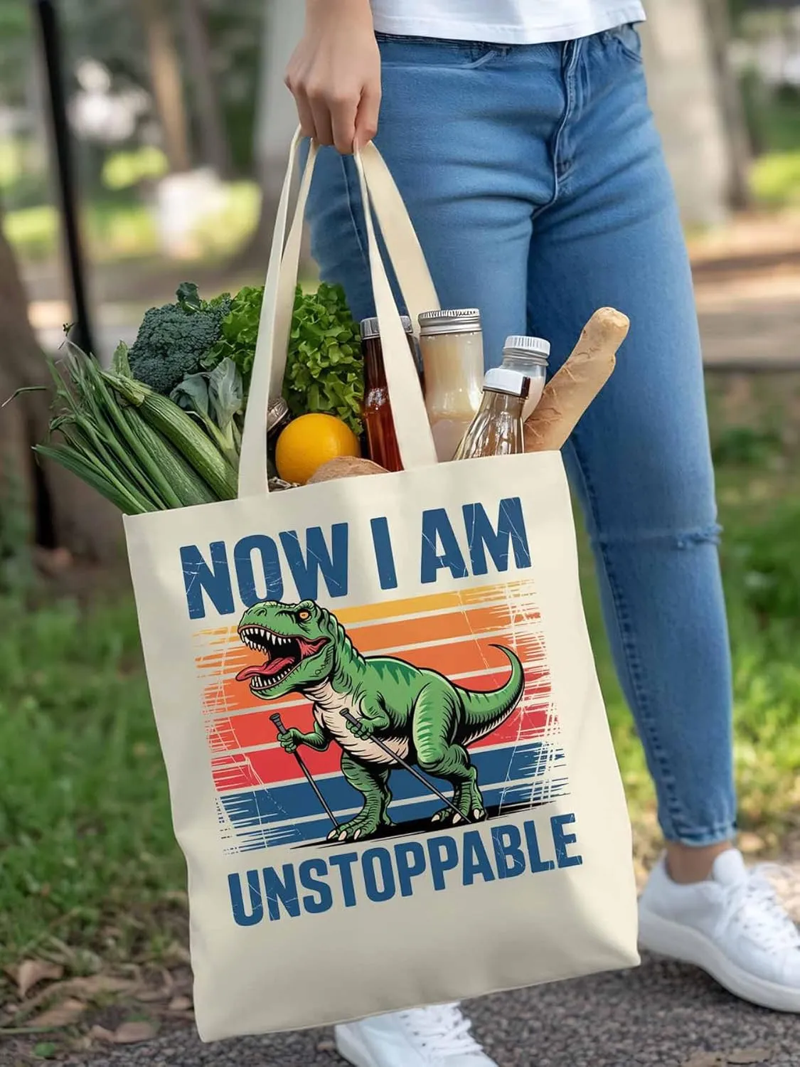 Canvas Tote Bag Dinosaur Cartoon Animal Reusable Grocery Shopping Bags with Handle, Gradient Stripe Large Canvas
