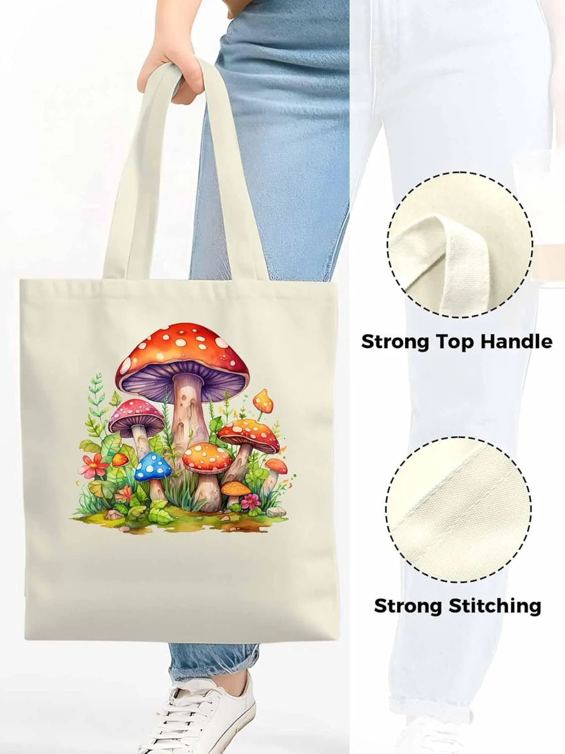 Canvas Tote Bag Farm Mushroom Reusable Grocery Shopping Bags with Handle, Flower Leaves Large Canvas