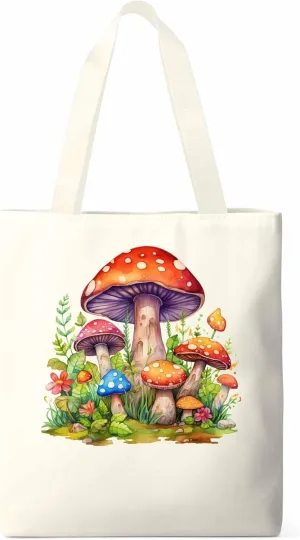 Canvas Tote Bag Farm Mushroom Reusable Grocery Shopping Bags with Handle, Flower Leaves Large Canvas