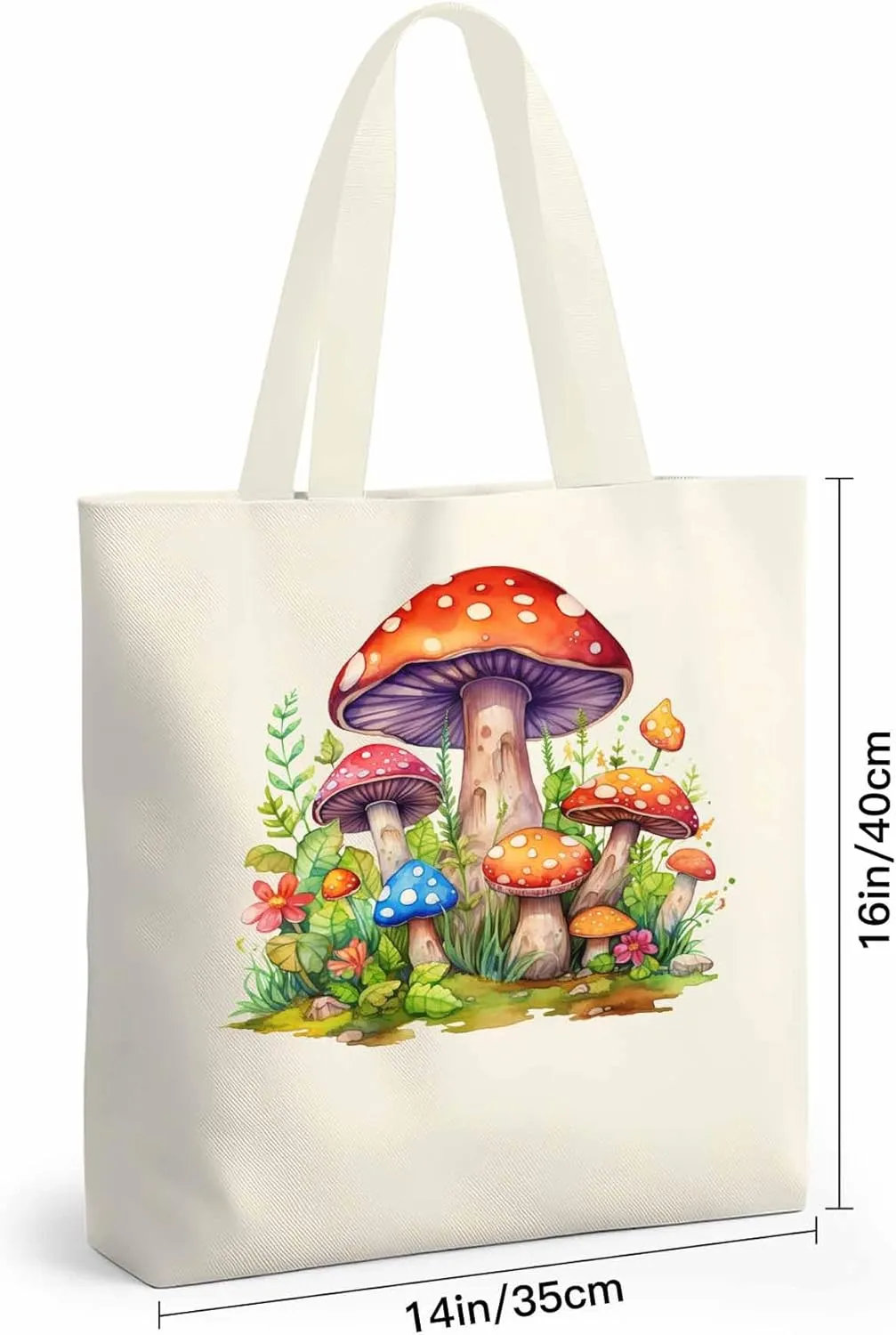 Canvas Tote Bag Farm Mushroom Reusable Grocery Shopping Bags with Handle, Flower Leaves Large Canvas