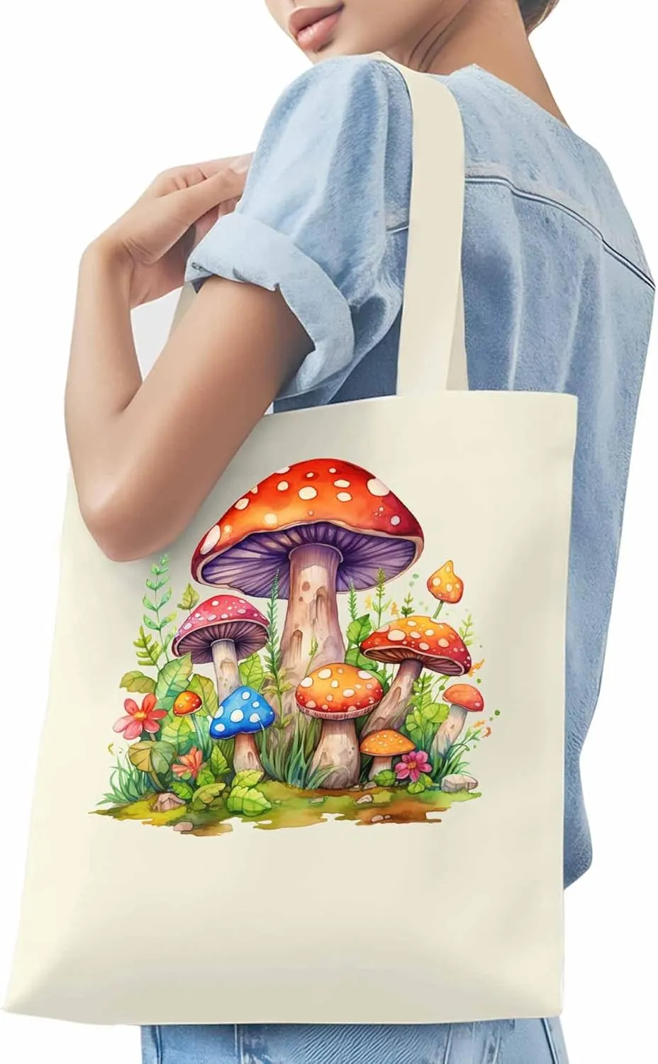Canvas Tote Bag Farm Mushroom Reusable Grocery Shopping Bags with Handle, Flower Leaves Large Canvas