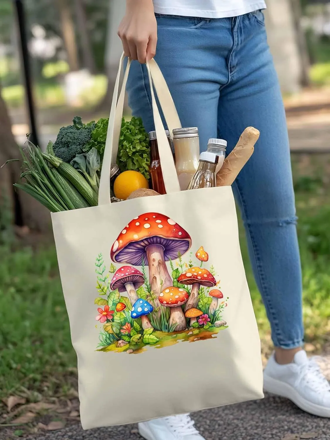 Canvas Tote Bag Farm Mushroom Reusable Grocery Shopping Bags with Handle, Flower Leaves Large Canvas