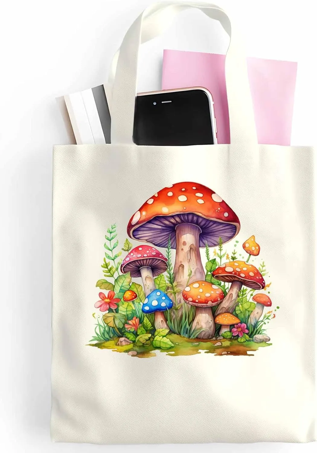 Canvas Tote Bag Farm Mushroom Reusable Grocery Shopping Bags with Handle, Flower Leaves Large Canvas