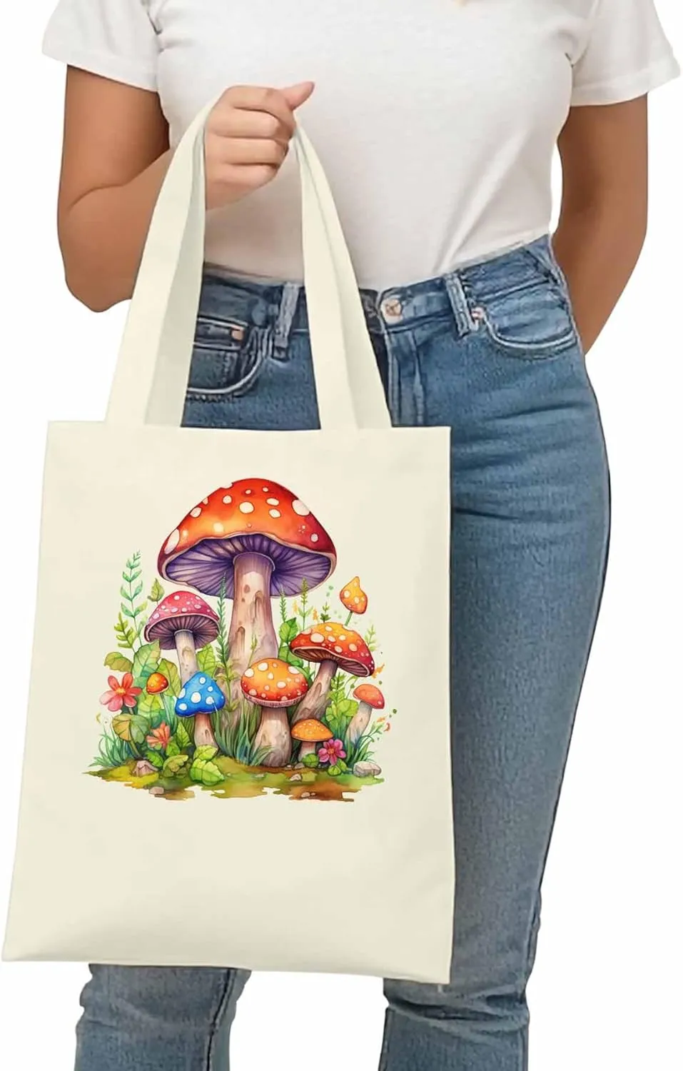 Canvas Tote Bag Farm Mushroom Reusable Grocery Shopping Bags with Handle, Flower Leaves Large Canvas