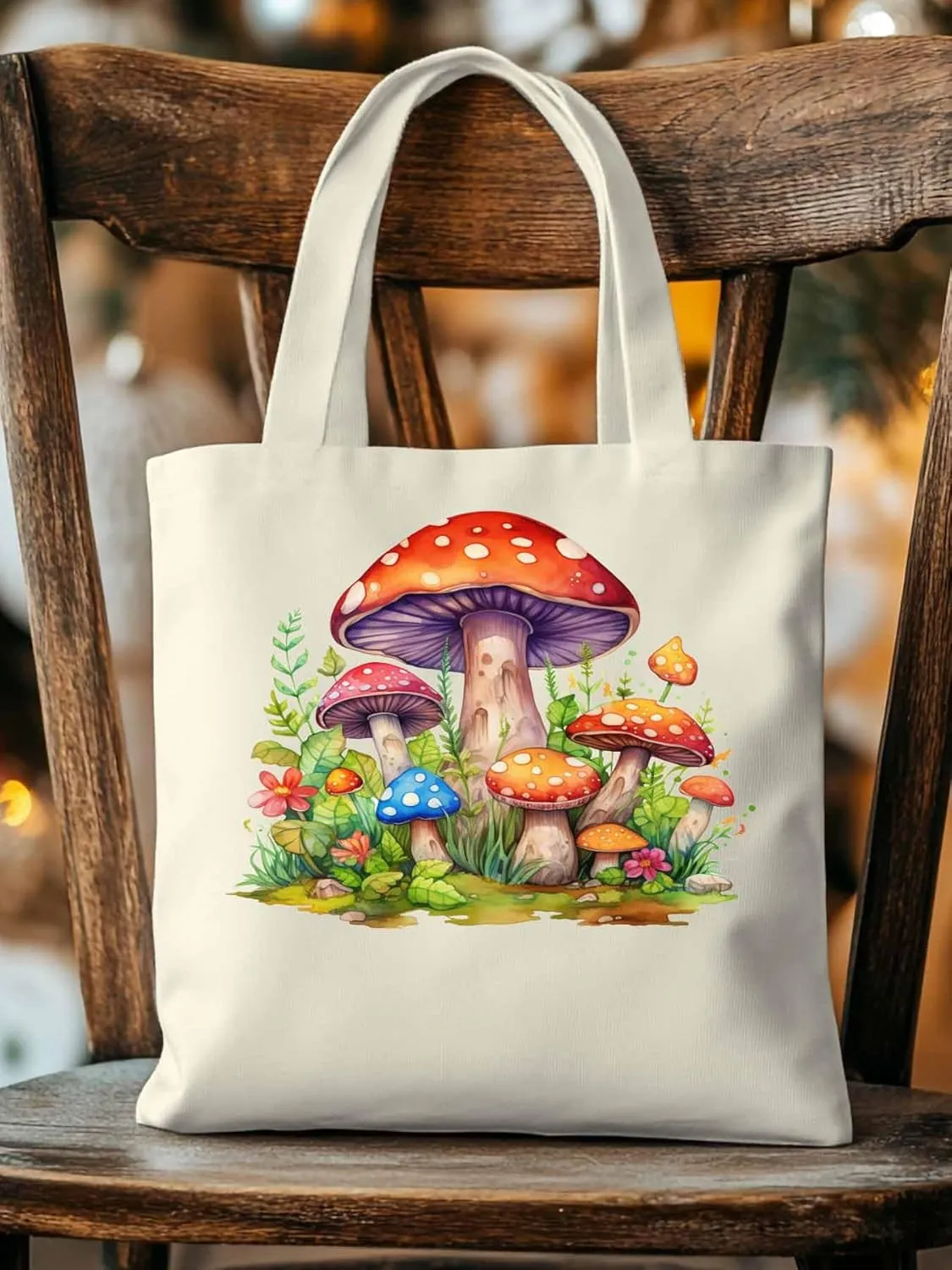 Canvas Tote Bag Farm Mushroom Reusable Grocery Shopping Bags with Handle, Flower Leaves Large Canvas