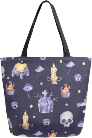 Canvas Tote Bag Halloween Skulls Tomb Women Shoulder Bag Candle Mushroon Cake Reusable Grocery Bags Large Handbag Travel Shopping Bag for School Nursing Gift Outdoors