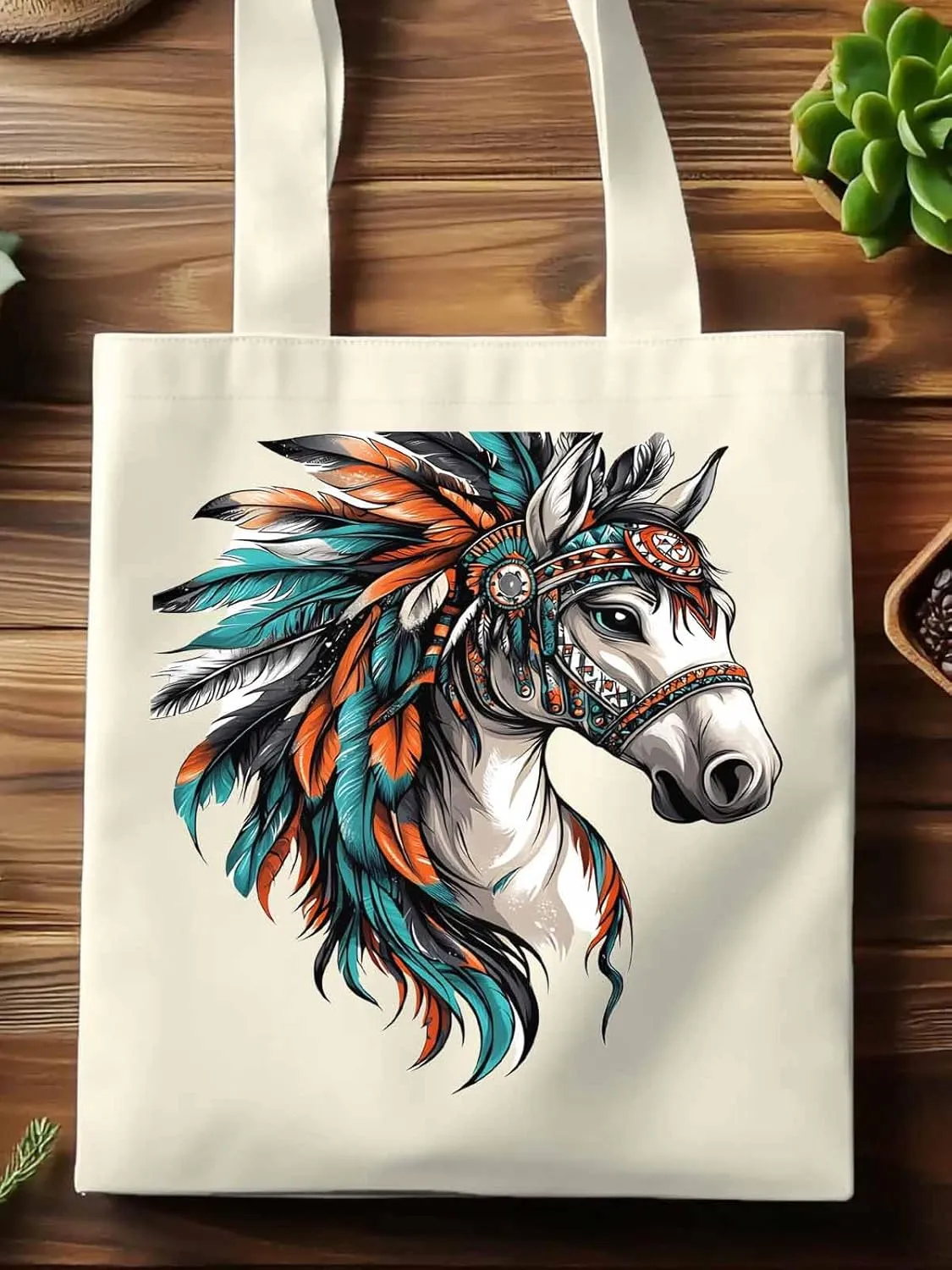 Canvas Tote Bag, Indian Horse Print patterned Canvas Tote Handbags for Women Shoulder Bag,