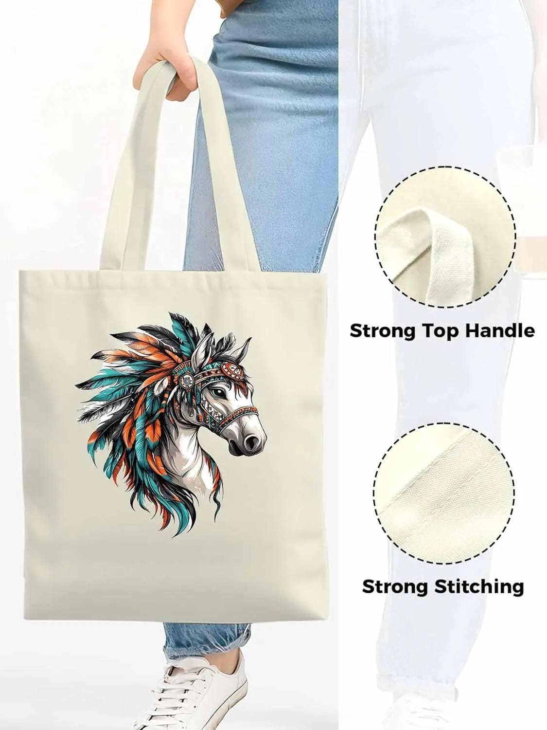 Canvas Tote Bag, Indian Horse Print patterned Canvas Tote Handbags for Women Shoulder Bag,