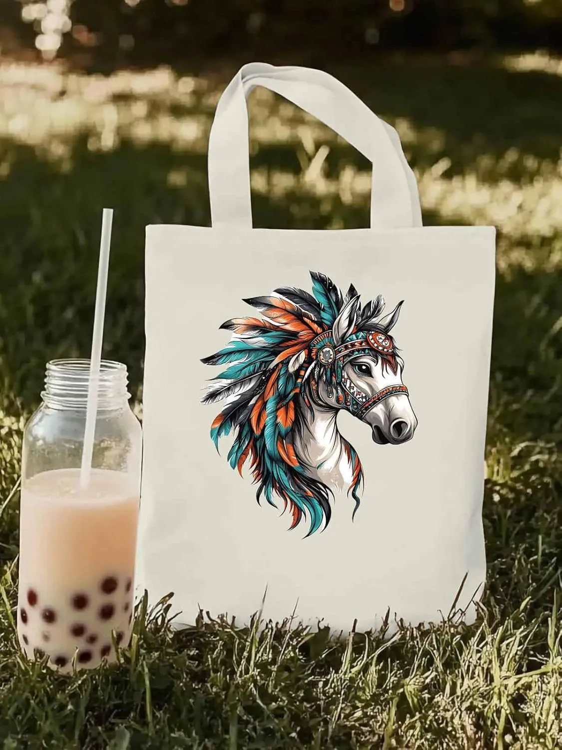 Canvas Tote Bag, Indian Horse Print patterned Canvas Tote Handbags for Women Shoulder Bag,