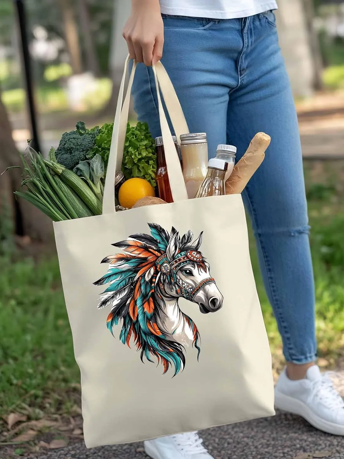 Canvas Tote Bag, Indian Horse Print patterned Canvas Tote Handbags for Women Shoulder Bag,