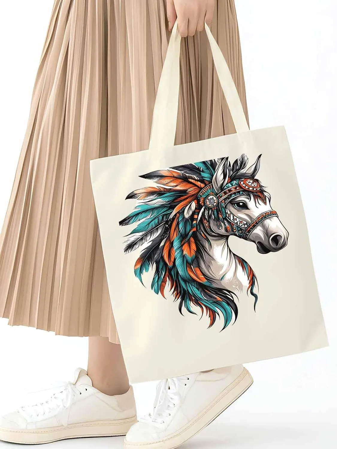 Canvas Tote Bag, Indian Horse Print patterned Canvas Tote Handbags for Women Shoulder Bag,