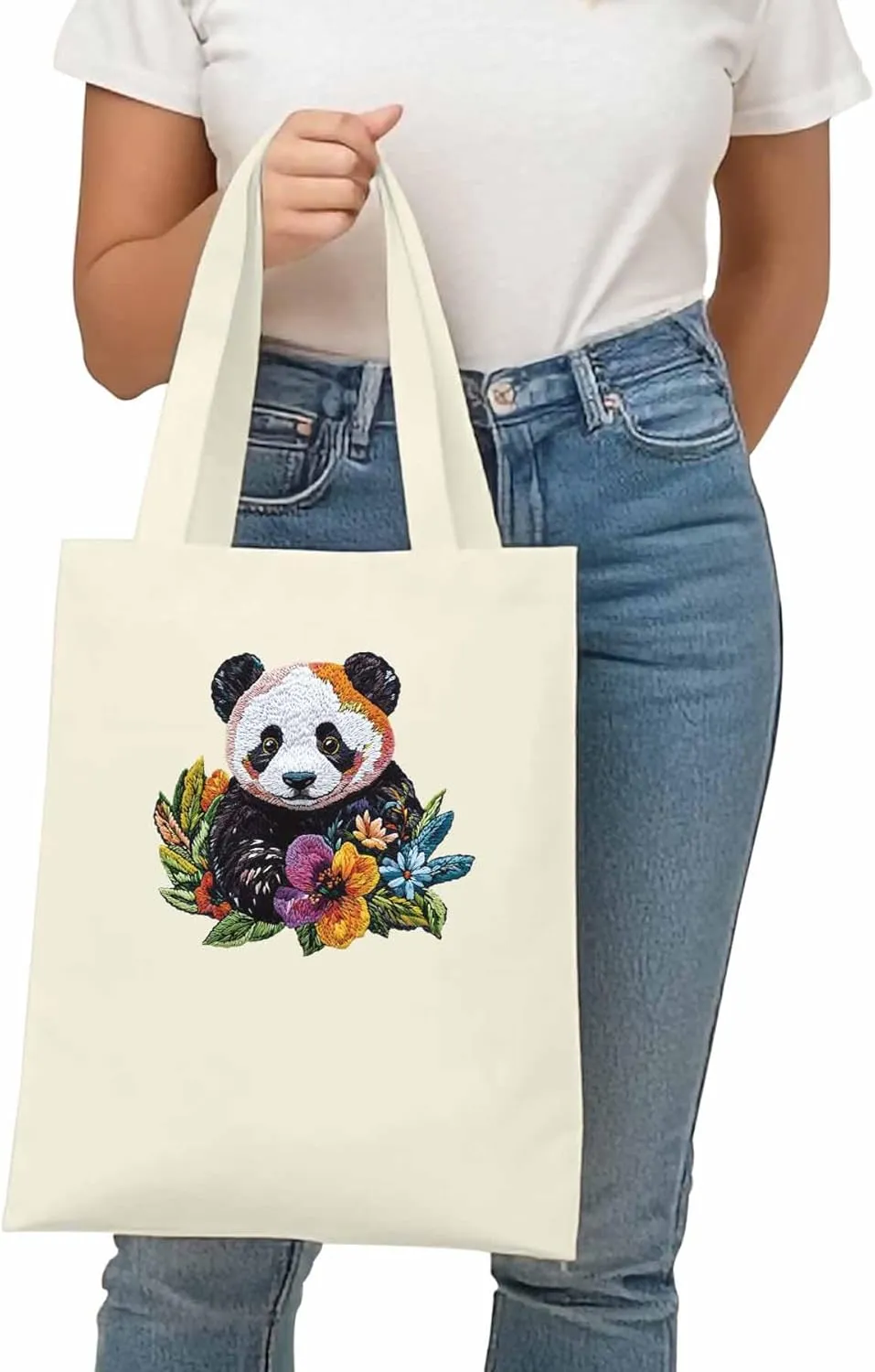 Canvas Tote Bag Panda Watercolor Flower Reusable Grocery Shopping Bags with Handle, Cute Animal Large Canvas