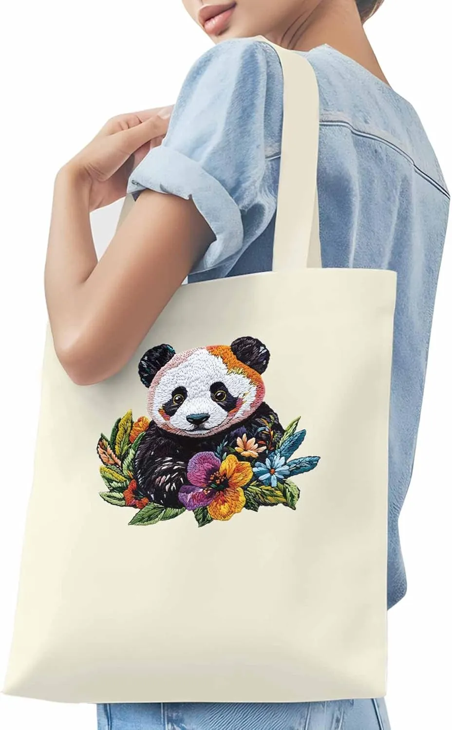 Canvas Tote Bag Panda Watercolor Flower Reusable Grocery Shopping Bags with Handle, Cute Animal Large Canvas