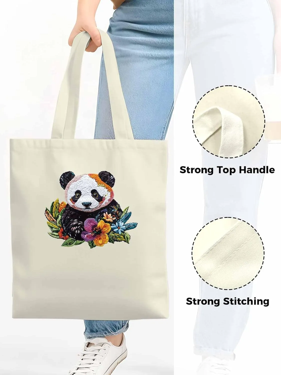 Canvas Tote Bag Panda Watercolor Flower Reusable Grocery Shopping Bags with Handle, Cute Animal Large Canvas
