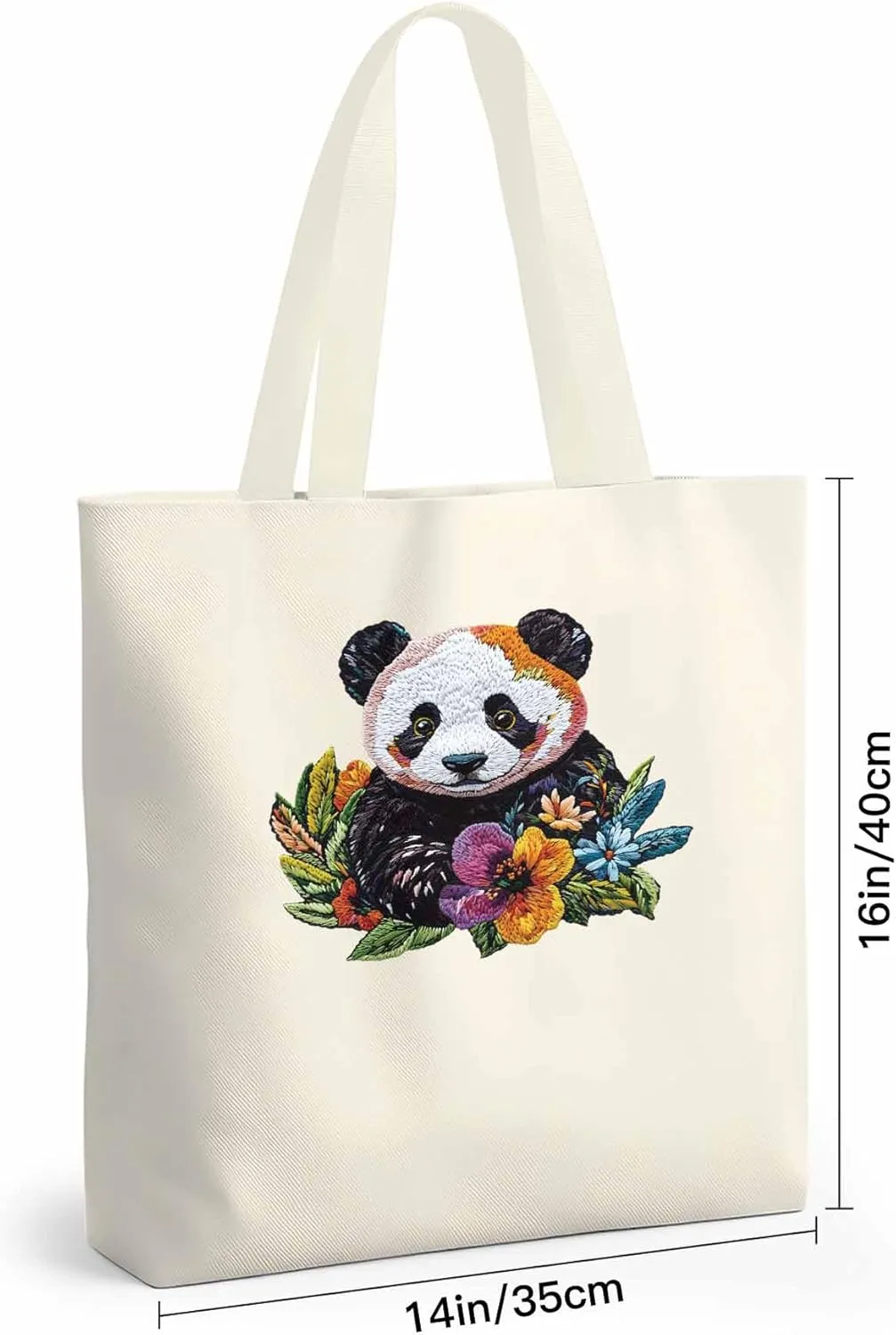 Canvas Tote Bag Panda Watercolor Flower Reusable Grocery Shopping Bags with Handle, Cute Animal Large Canvas