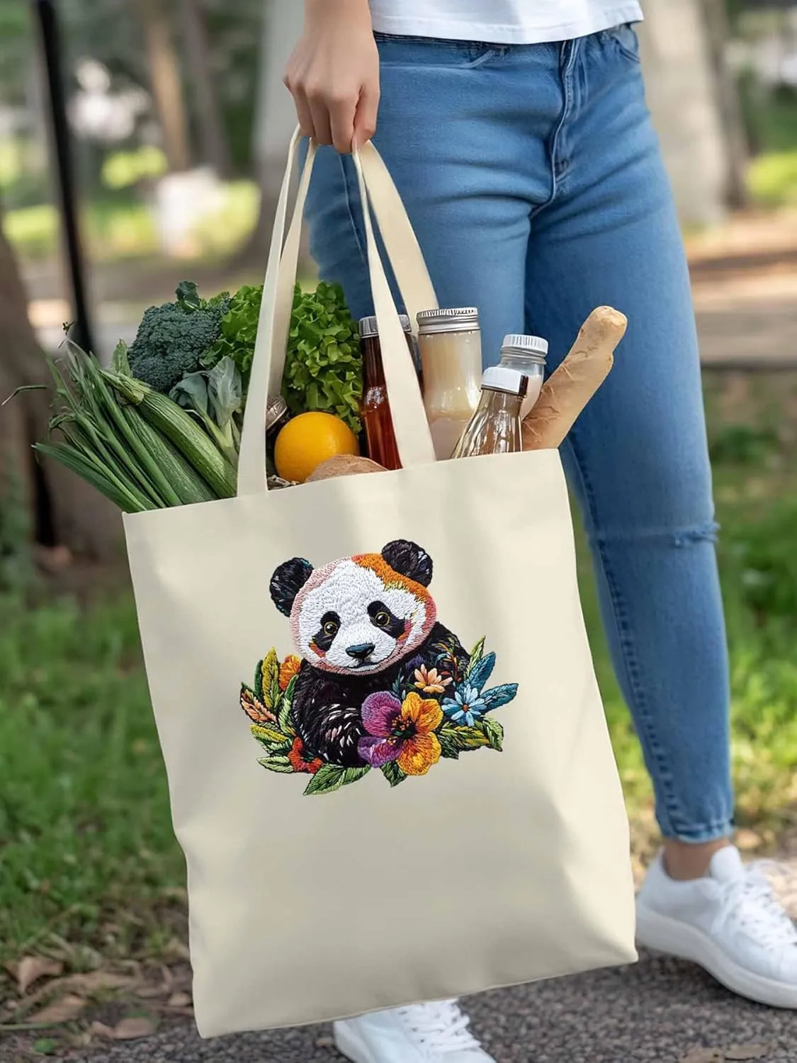 Canvas Tote Bag Panda Watercolor Flower Reusable Grocery Shopping Bags with Handle, Cute Animal Large Canvas