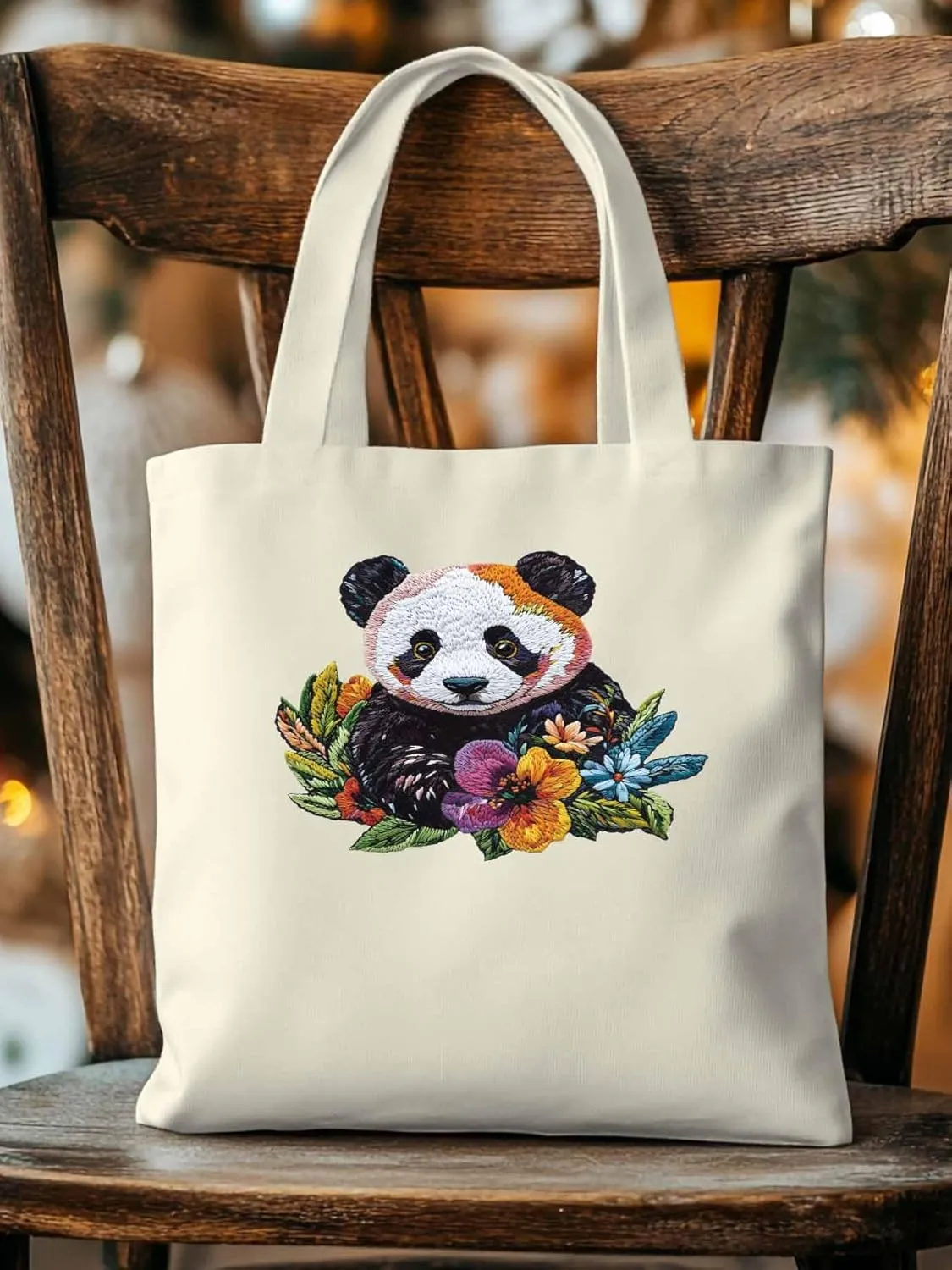 Canvas Tote Bag Panda Watercolor Flower Reusable Grocery Shopping Bags with Handle, Cute Animal Large Canvas