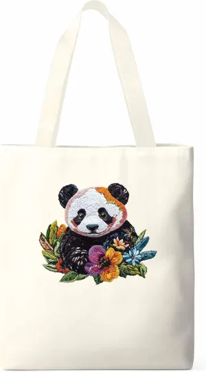 Canvas Tote Bag Panda Watercolor Flower Reusable Grocery Shopping Bags with Handle, Cute Animal Large Canvas