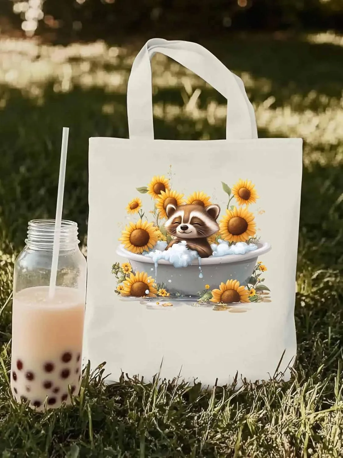 Canvas Tote Bag, Shower Raccoon Sunflower patterned Canvas Tote Handbags for Women Shoulder Bag,