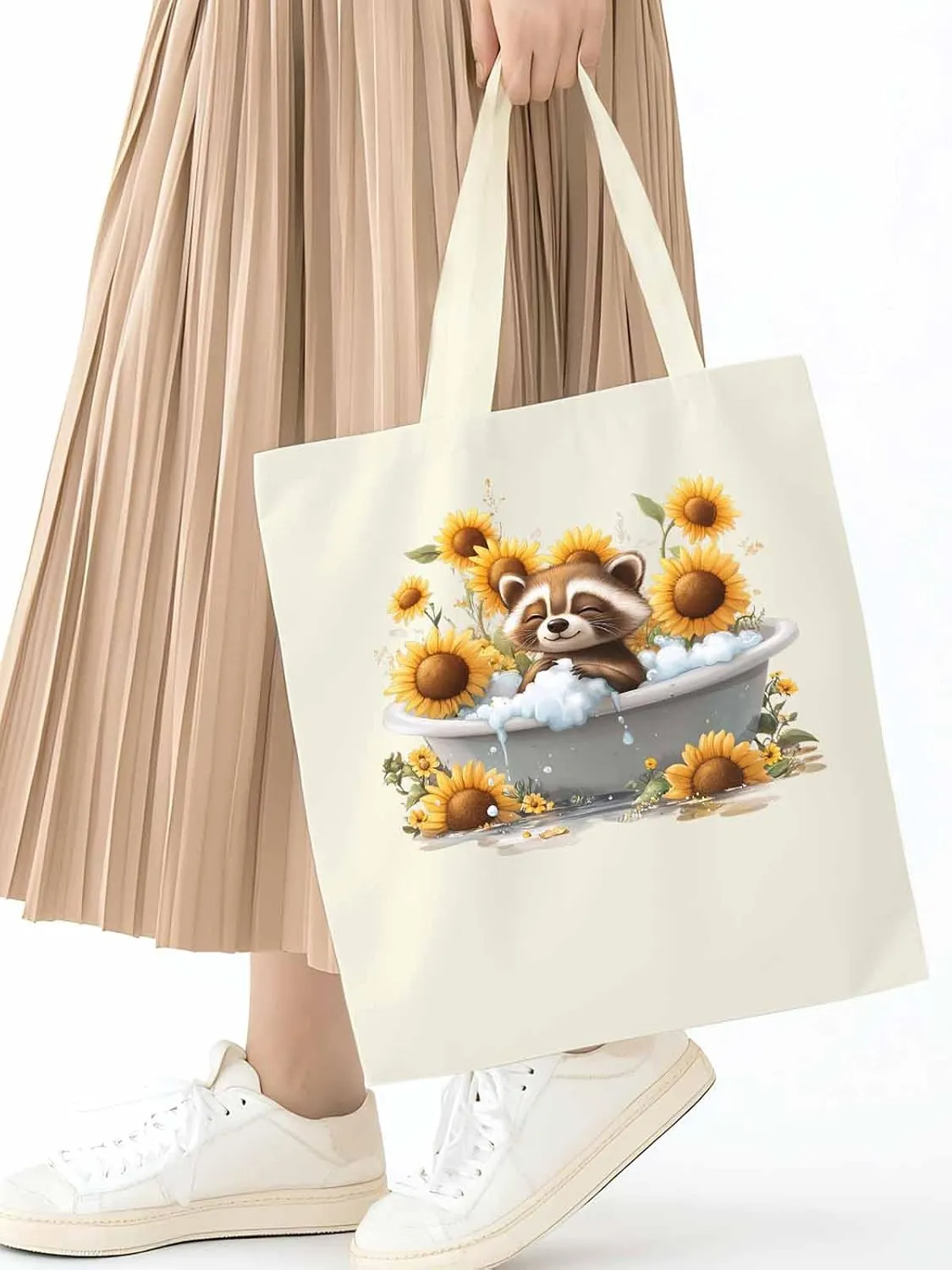 Canvas Tote Bag, Shower Raccoon Sunflower patterned Canvas Tote Handbags for Women Shoulder Bag,