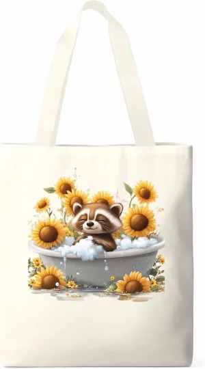 Canvas Tote Bag, Shower Raccoon Sunflower patterned Canvas Tote Handbags for Women Shoulder Bag,