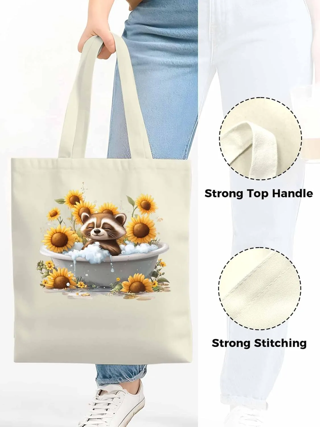 Canvas Tote Bag, Shower Raccoon Sunflower patterned Canvas Tote Handbags for Women Shoulder Bag,