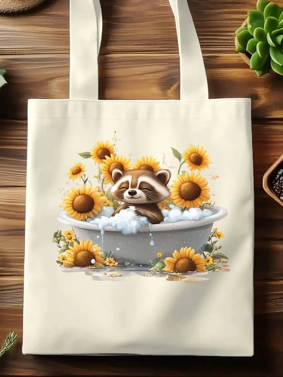 Canvas Tote Bag, Shower Raccoon Sunflower patterned Canvas Tote Handbags for Women Shoulder Bag,