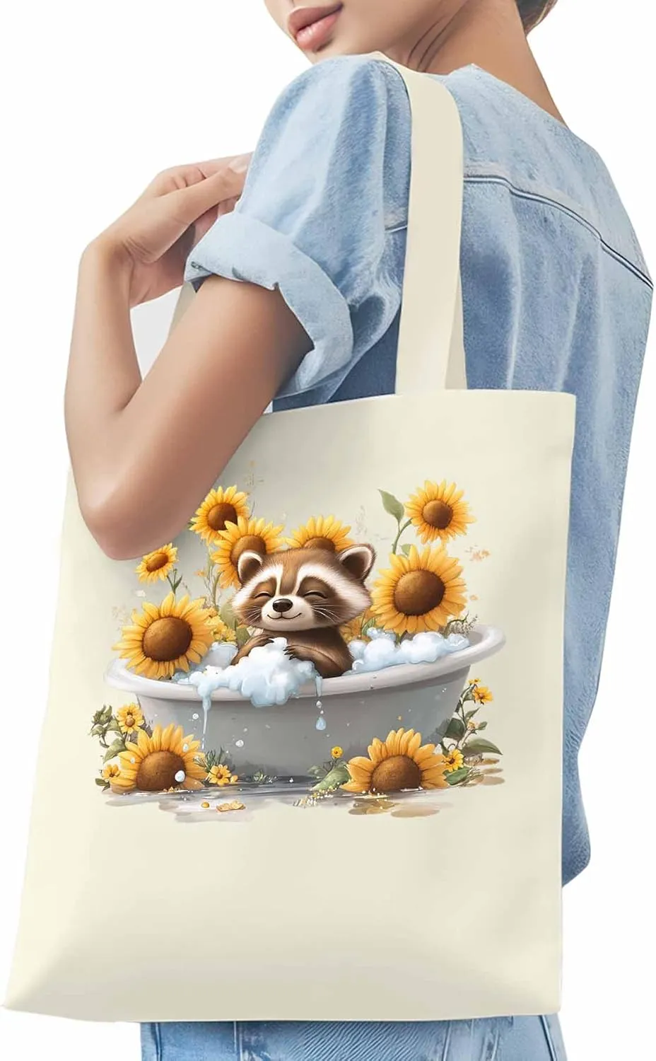 Canvas Tote Bag, Shower Raccoon Sunflower patterned Canvas Tote Handbags for Women Shoulder Bag,