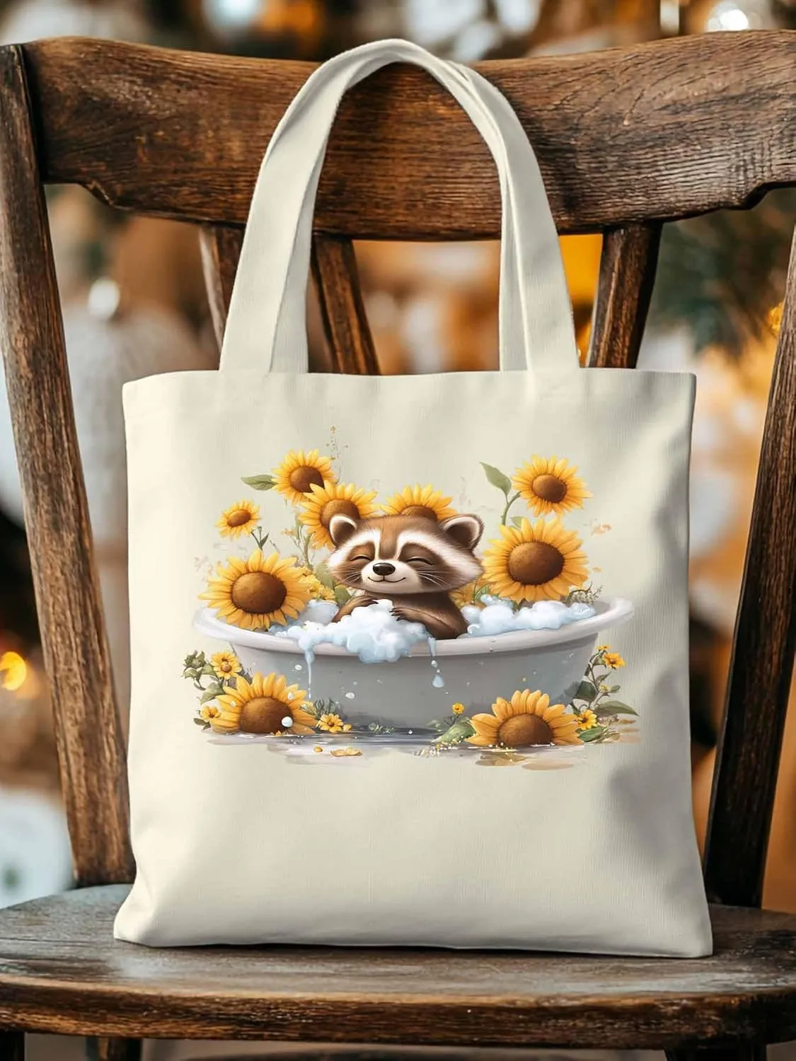 Canvas Tote Bag, Shower Raccoon Sunflower patterned Canvas Tote Handbags for Women Shoulder Bag,