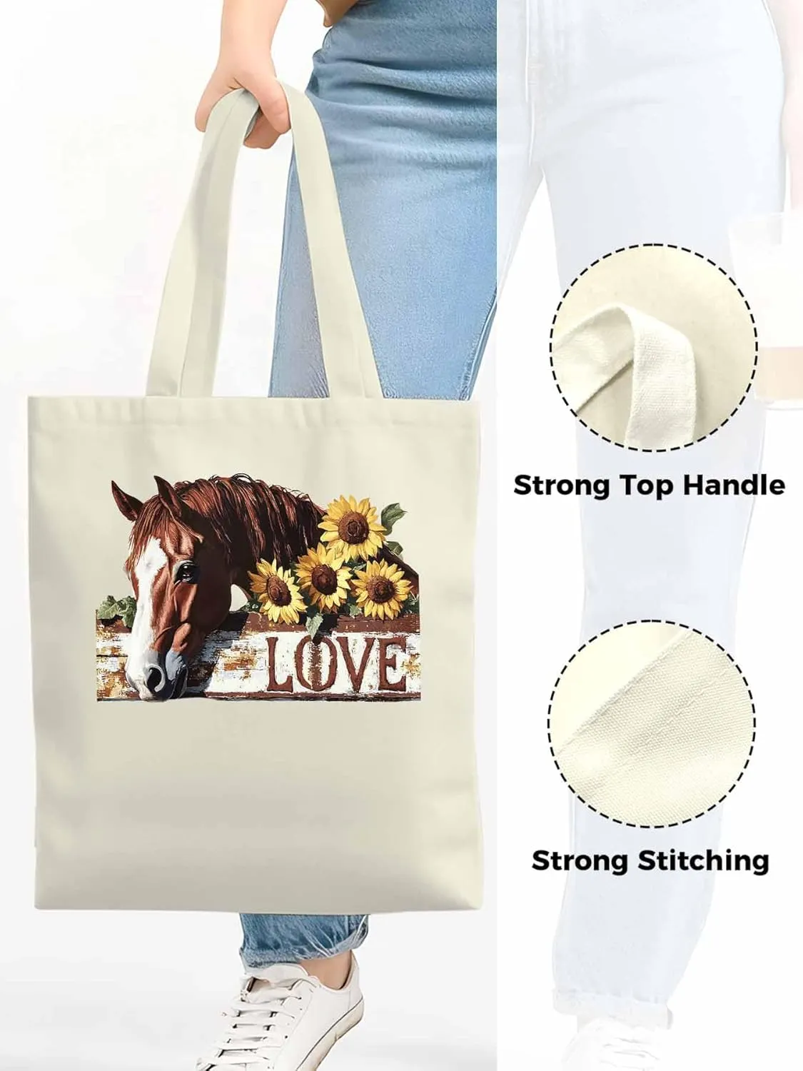 Canvas Tote Bag, Sunflower Horse patterned Canvas Tote Handbags for Women Shoulder Bag,