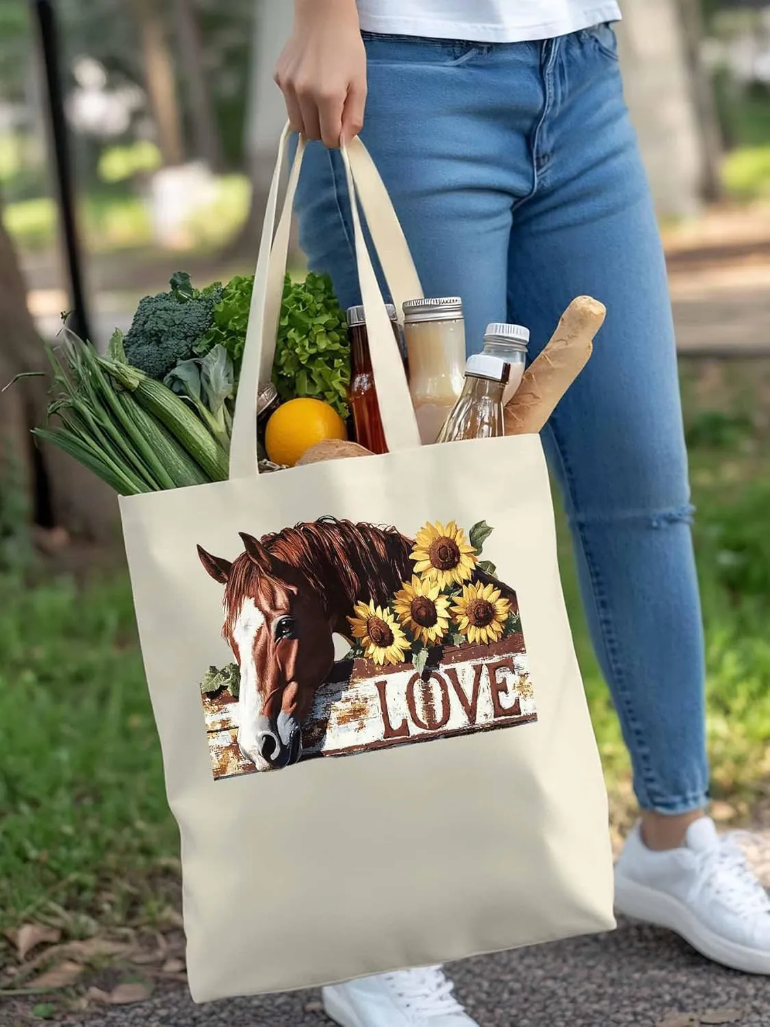 Canvas Tote Bag, Sunflower Horse patterned Canvas Tote Handbags for Women Shoulder Bag,