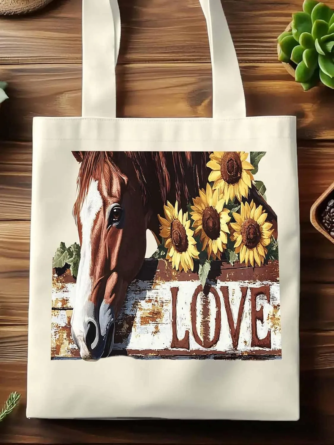 Canvas Tote Bag, Sunflower Horse patterned Canvas Tote Handbags for Women Shoulder Bag,