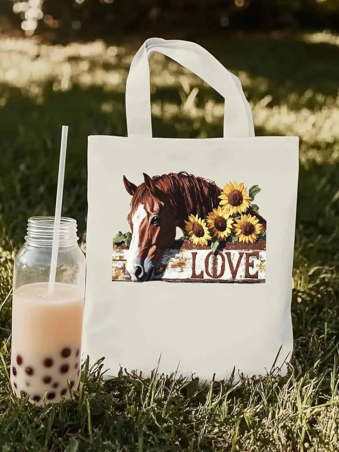 Canvas Tote Bag, Sunflower Horse patterned Canvas Tote Handbags for Women Shoulder Bag,