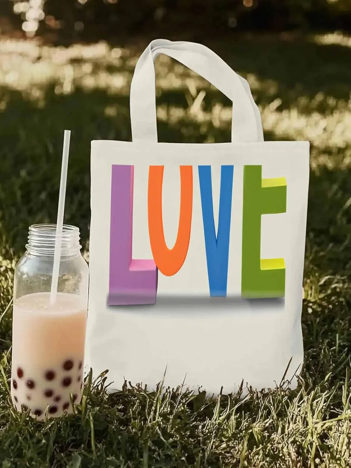 Canvas Tote Bag, Valentine Colorful Love patterned Canvas Tote Handbags for Women Shoulder Bag,