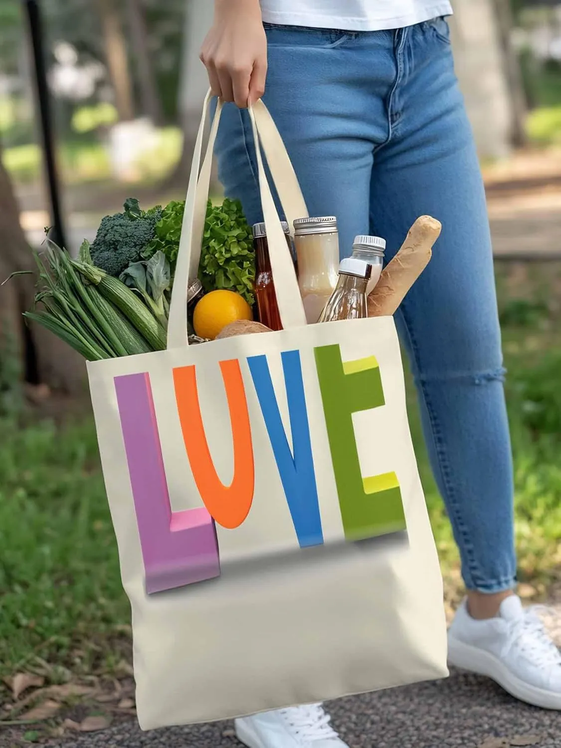 Canvas Tote Bag, Valentine Colorful Love patterned Canvas Tote Handbags for Women Shoulder Bag,