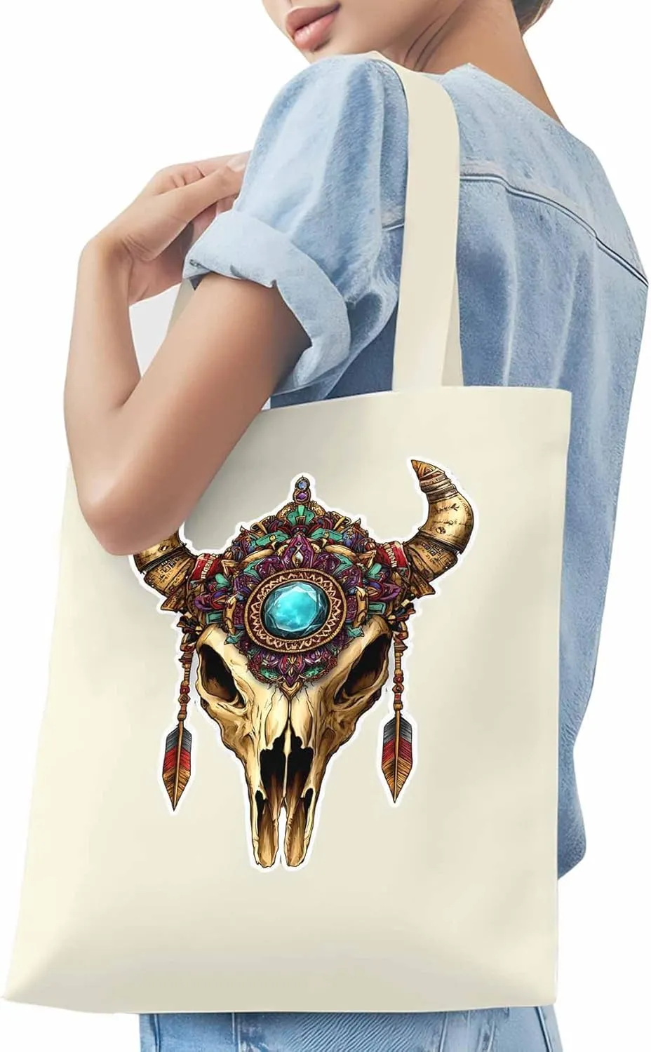 Canvas Tote Bag, Vintage Cow Skull Print patterned Canvas Tote Handbags for Women Shoulder Bag,