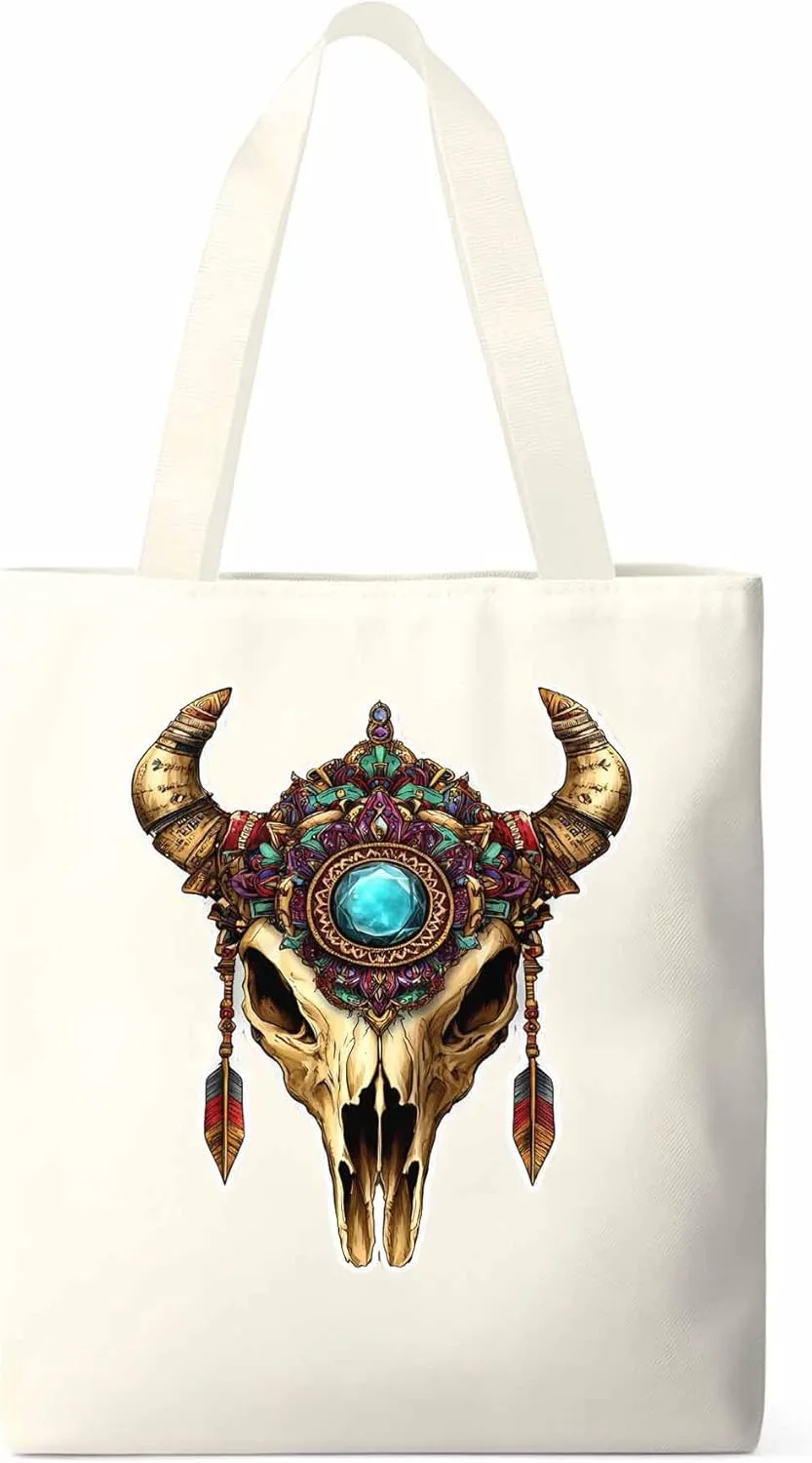 Canvas Tote Bag, Vintage Cow Skull Print patterned Canvas Tote Handbags for Women Shoulder Bag,