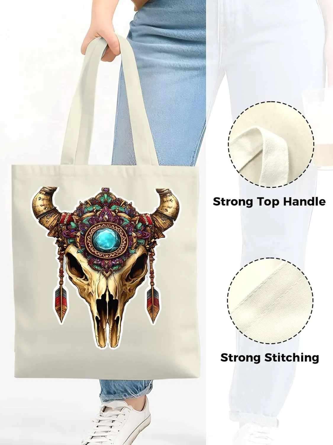 Canvas Tote Bag, Vintage Cow Skull Print patterned Canvas Tote Handbags for Women Shoulder Bag,
