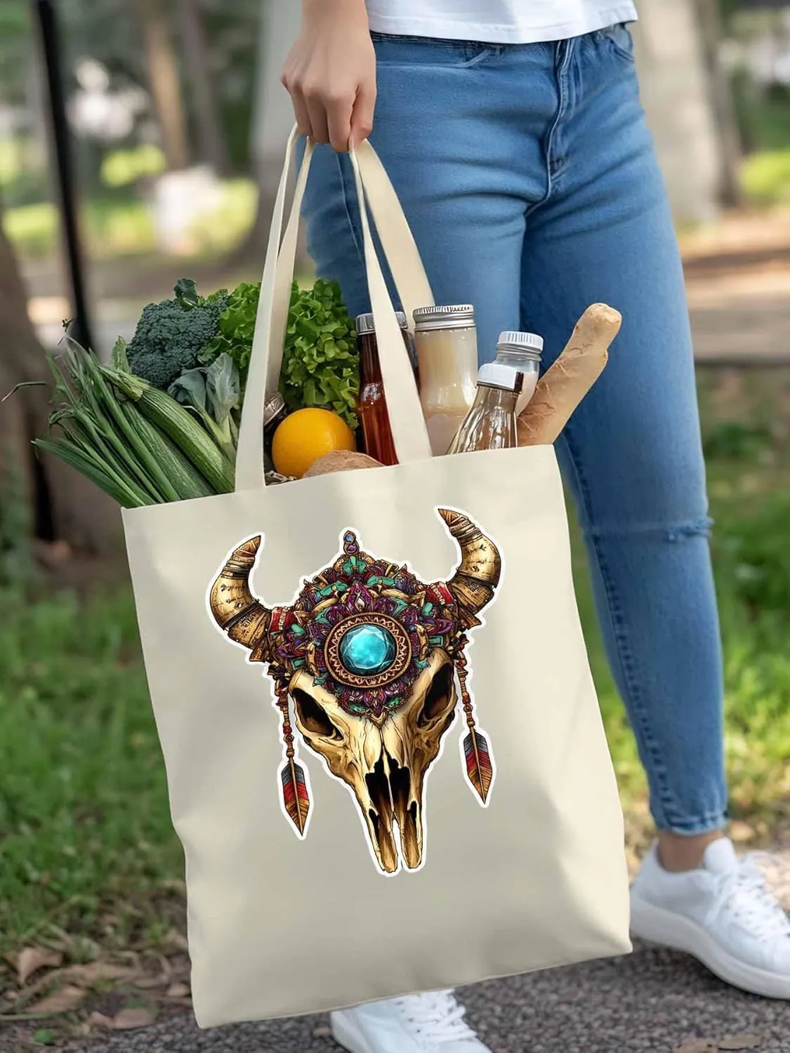 Canvas Tote Bag, Vintage Cow Skull Print patterned Canvas Tote Handbags for Women Shoulder Bag,
