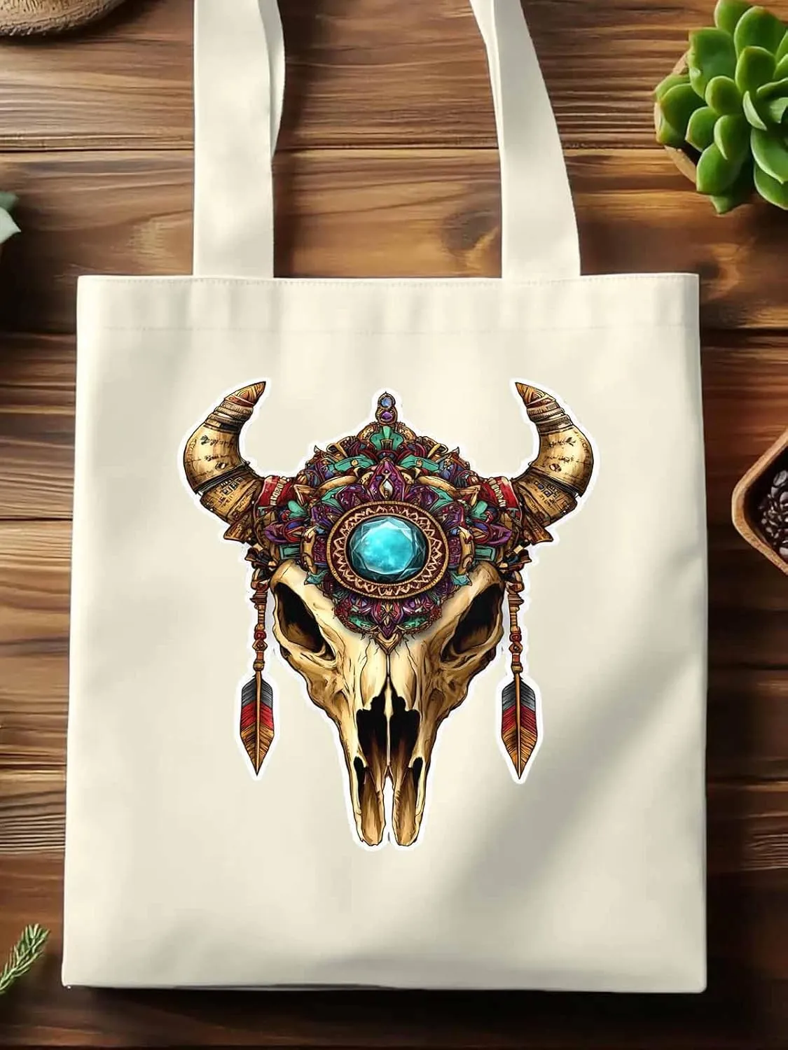 Canvas Tote Bag, Vintage Cow Skull Print patterned Canvas Tote Handbags for Women Shoulder Bag,