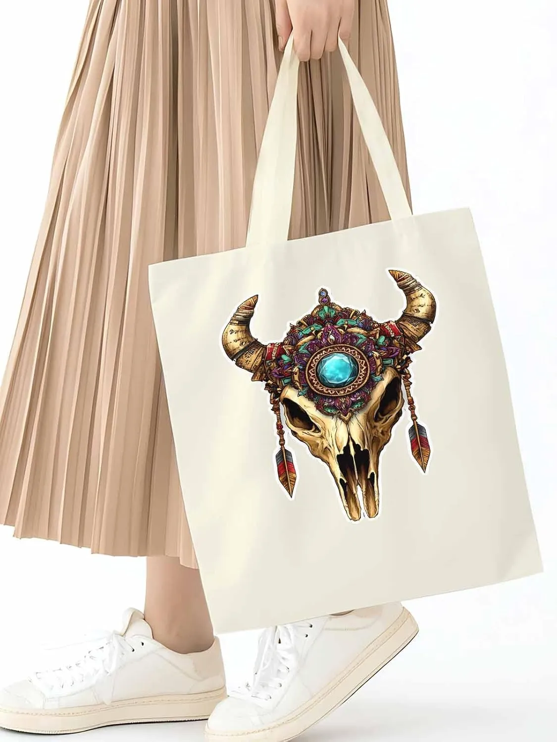 Canvas Tote Bag, Vintage Cow Skull Print patterned Canvas Tote Handbags for Women Shoulder Bag,