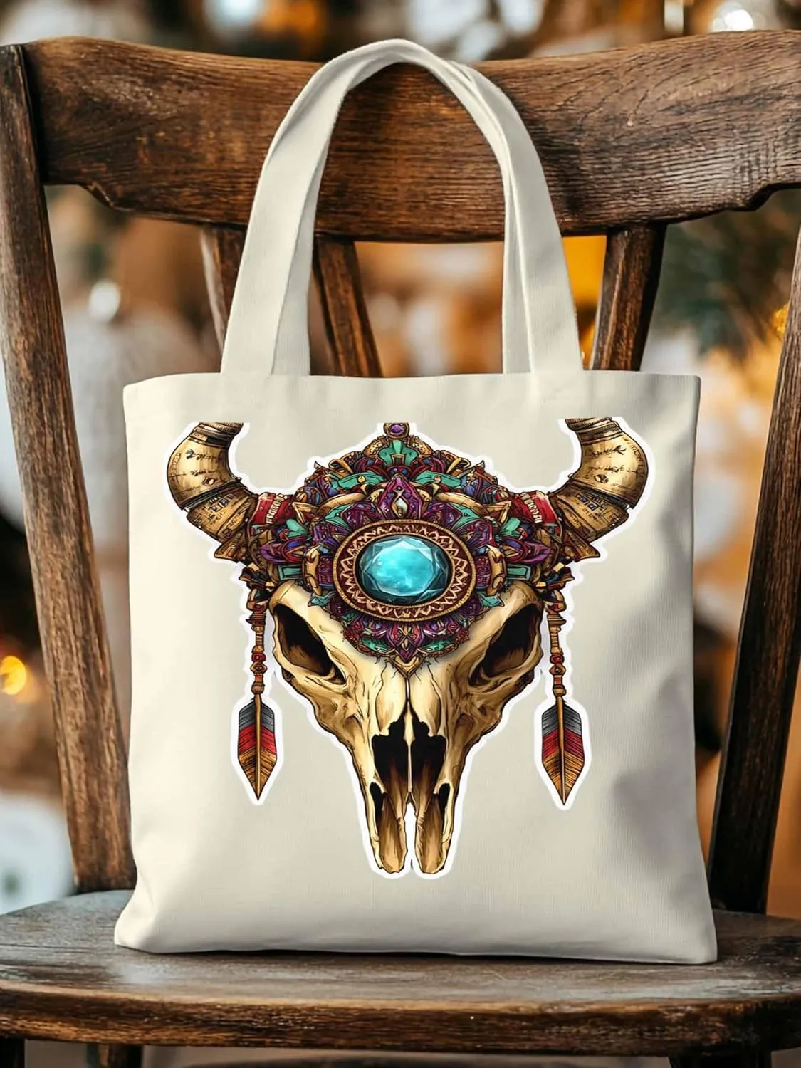 Canvas Tote Bag, Vintage Cow Skull Print patterned Canvas Tote Handbags for Women Shoulder Bag,