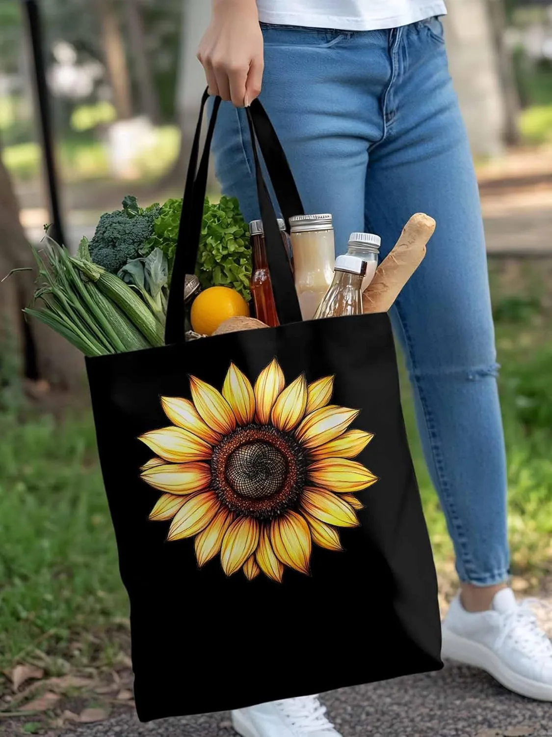 Canvas Tote Bag Watercolor Sunflower Reusable Grocery Shopping Bags with Handle, Bloom Floral Large Canvas