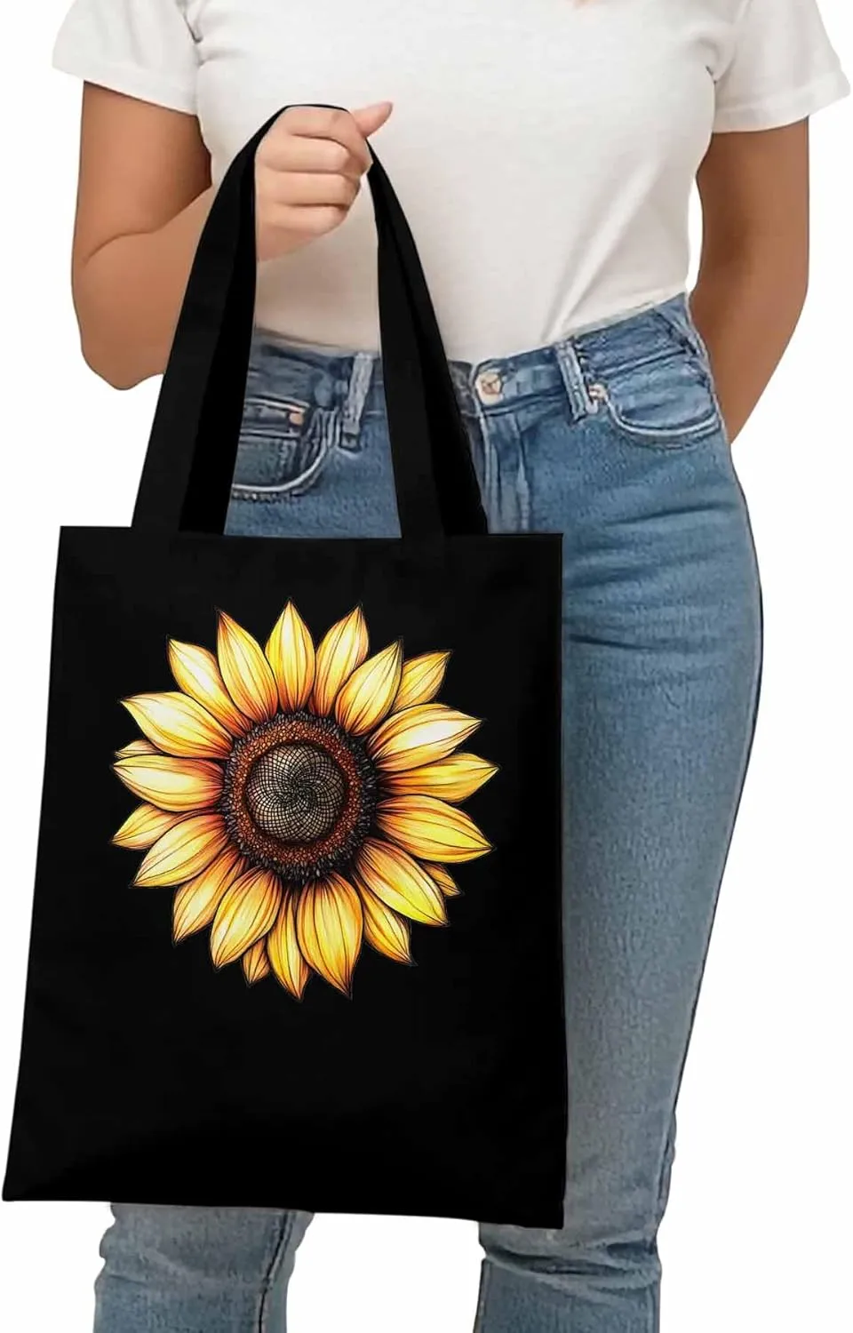 Canvas Tote Bag Watercolor Sunflower Reusable Grocery Shopping Bags with Handle, Bloom Floral Large Canvas