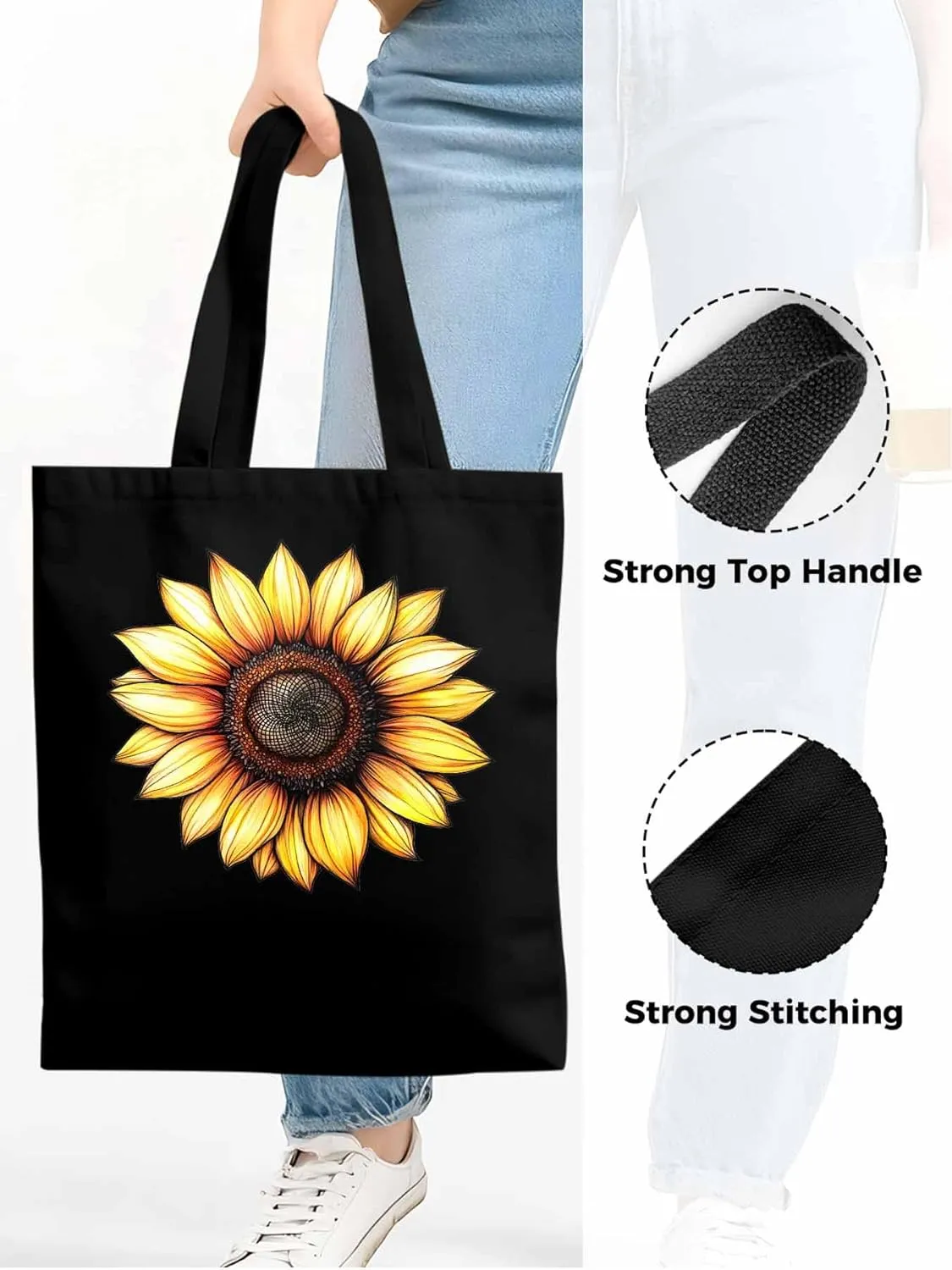 Canvas Tote Bag Watercolor Sunflower Reusable Grocery Shopping Bags with Handle, Bloom Floral Large Canvas