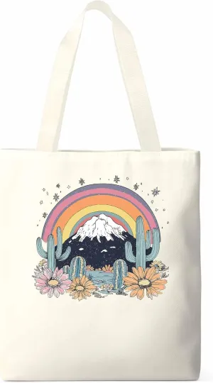 Canvas Tote Bag, Western Mountain Rainbow Cactus Flower patterned Canvas Tote Handbags for Women Shoulder Bag,