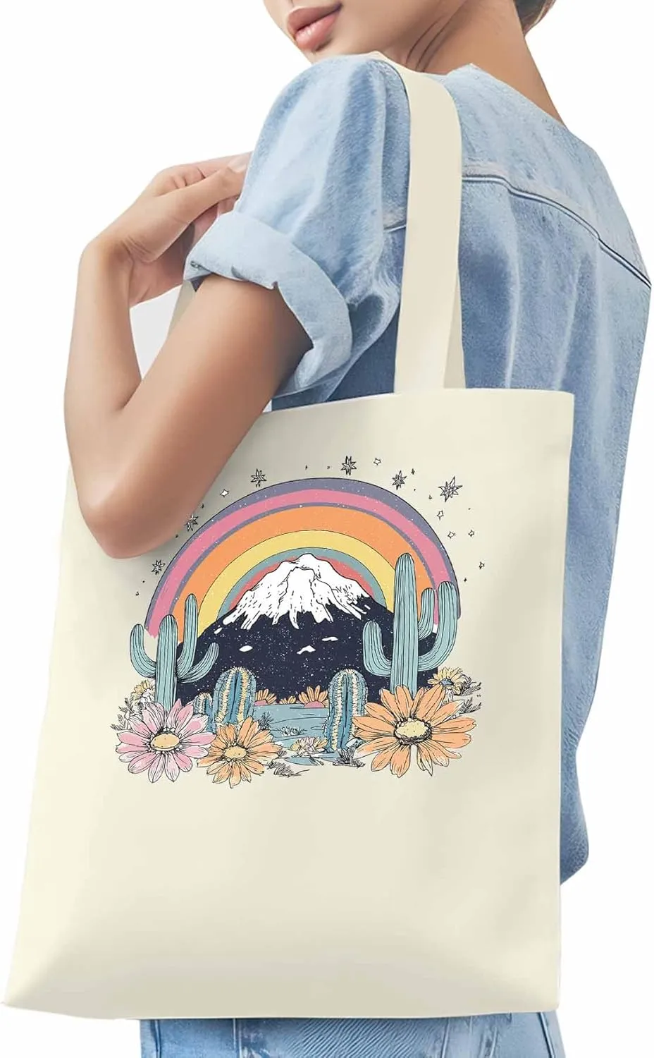 Canvas Tote Bag, Western Mountain Rainbow Cactus Flower patterned Canvas Tote Handbags for Women Shoulder Bag,