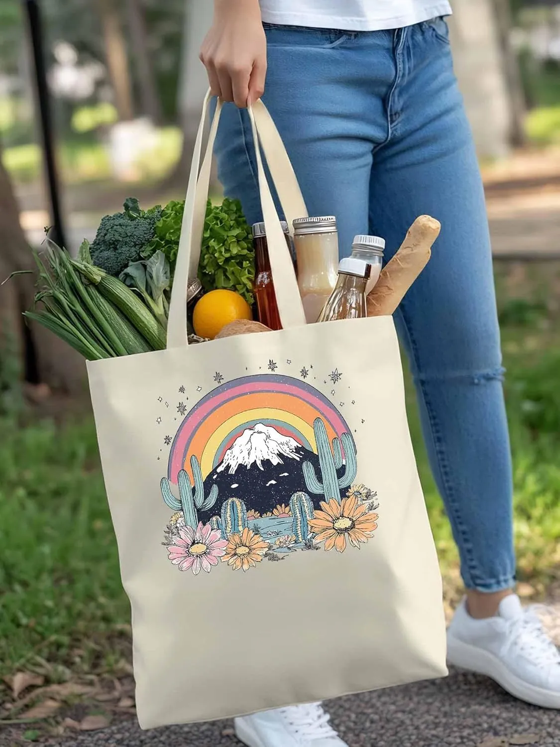 Canvas Tote Bag, Western Mountain Rainbow Cactus Flower patterned Canvas Tote Handbags for Women Shoulder Bag,