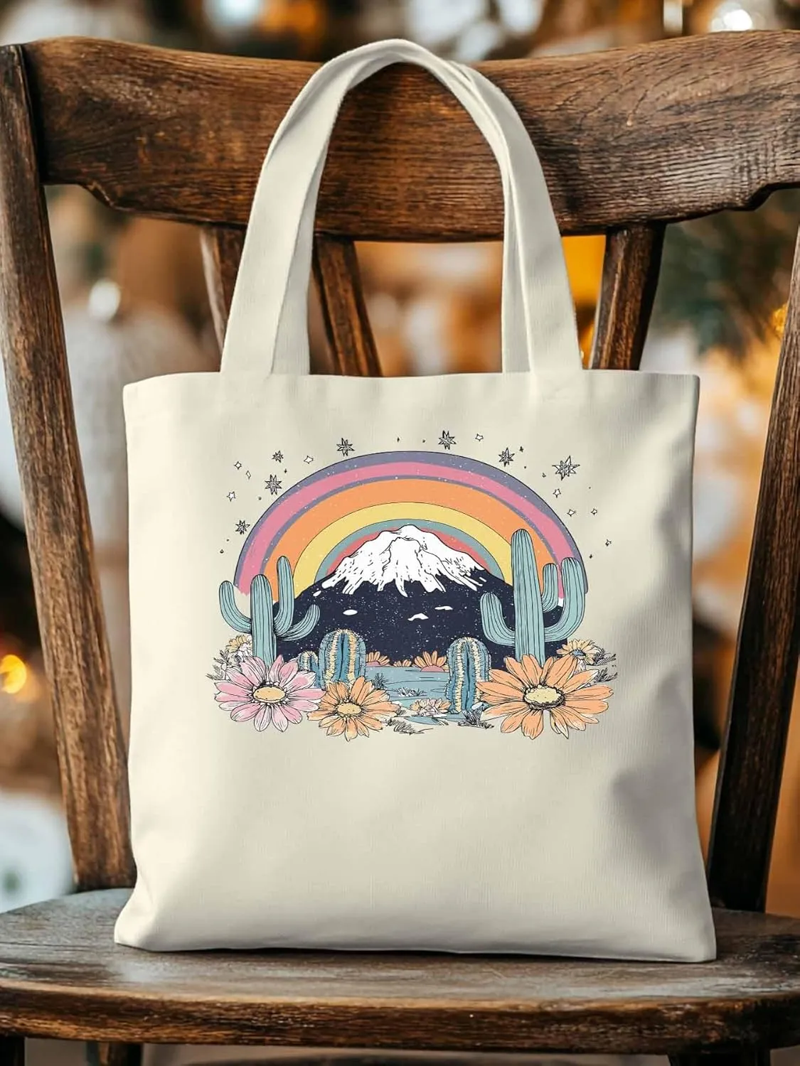 Canvas Tote Bag, Western Mountain Rainbow Cactus Flower patterned Canvas Tote Handbags for Women Shoulder Bag,